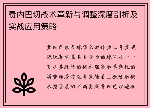费内巴切战术革新与调整深度剖析及实战应用策略