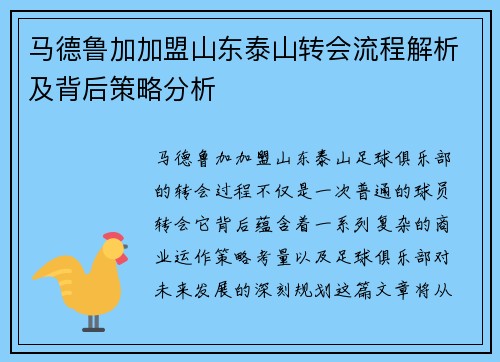 马德鲁加加盟山东泰山转会流程解析及背后策略分析